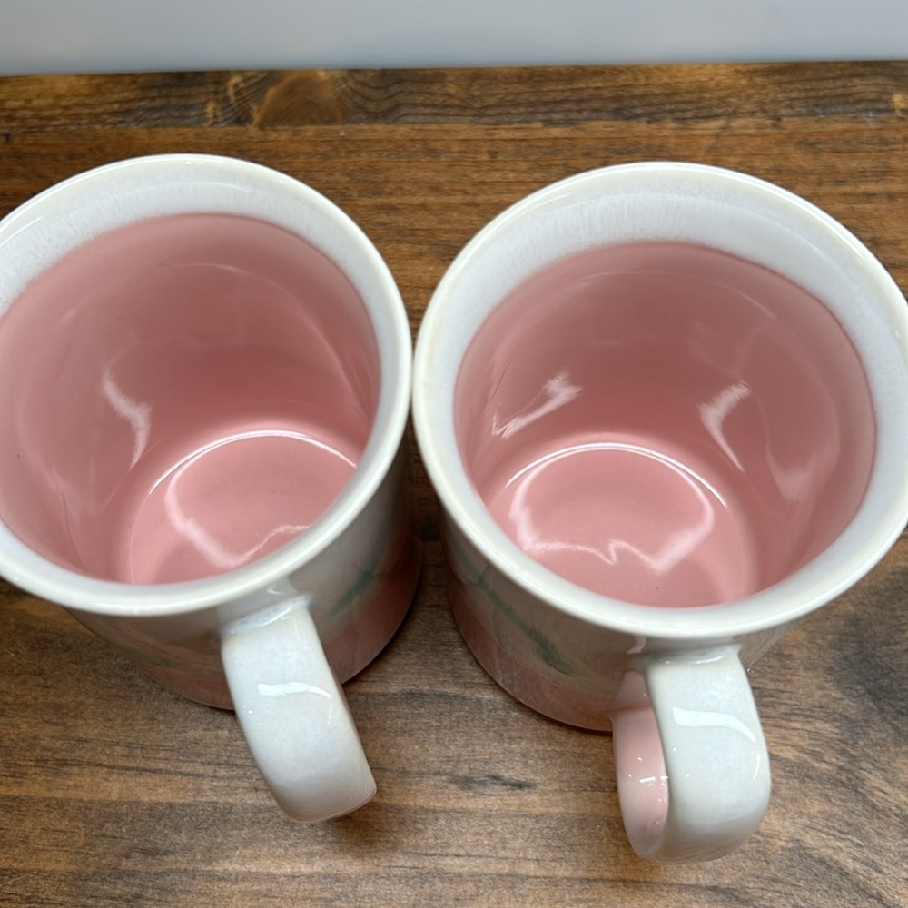 Vintage 80’s Stoneware Mugs Set Of Two Pink Mint Green & Cream In Colour - Picture 4 of 11